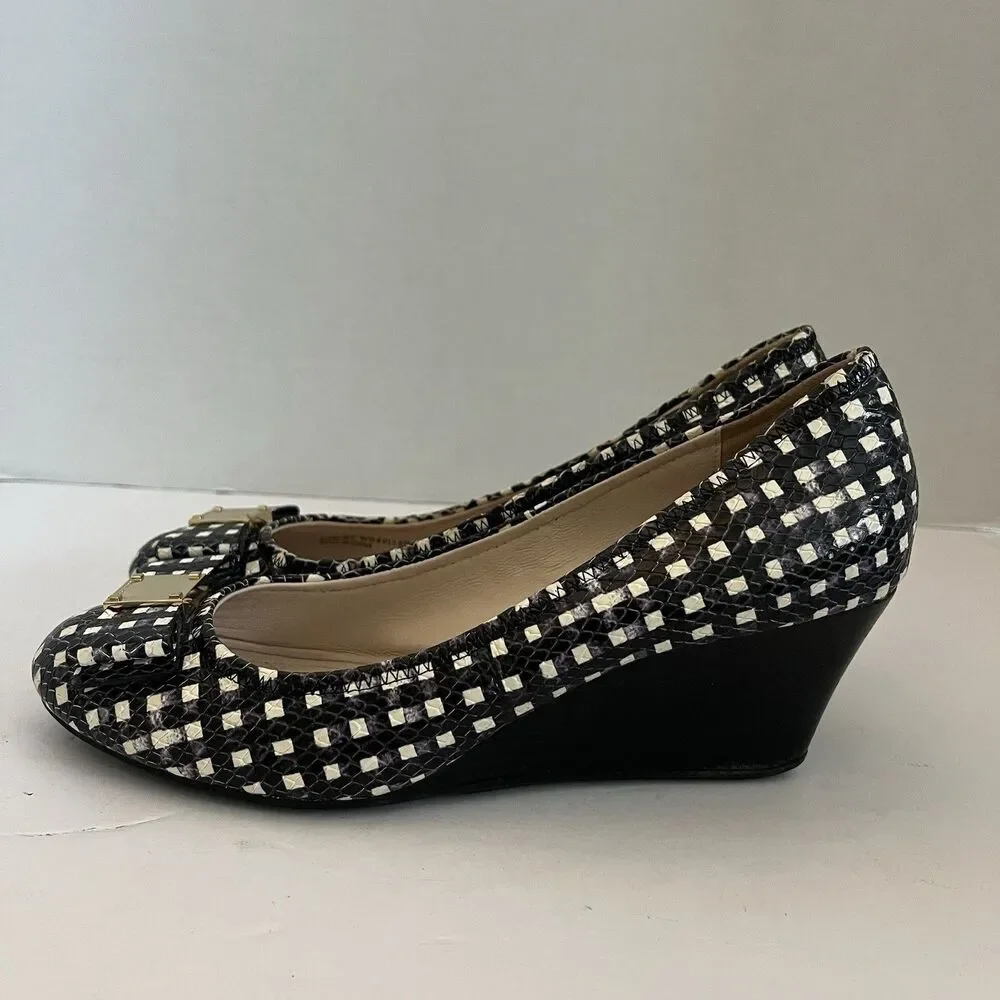 Cole Haan Gingham Bow Women's Black Leather Wedge Pin Up Heel Sandals SZ 8 B
